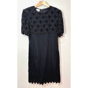 VTG Lawrence Kazar Black Beaded Silk Dress L Goth Trophy Cocktail Wedding 80s